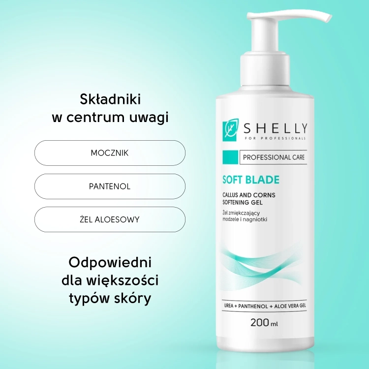 keratolityk, żel keratolityczny shelly, remover do modzeli, preparat do pedicure frezarkowego, usuwanie nagniotków, soft blade shelly 200 ml, profesjonalny keratolityk do stóp