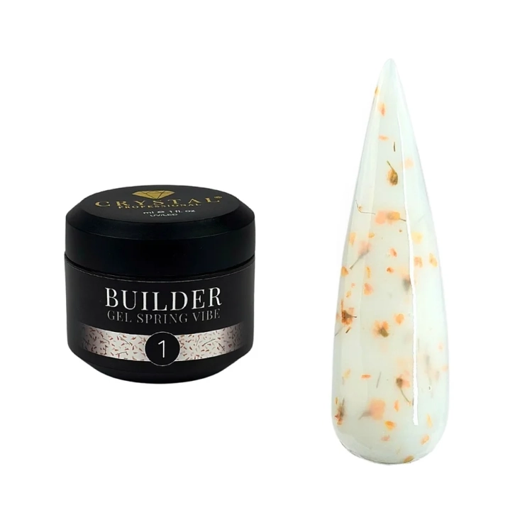 Crystal Professional Builder Gel Spring Vibe №1, żel z suszonymi kwiatami, HEMA FREE żel budujący, nude builder gel flower, romantyczny manicure żelowy, naturalne paznokcie nude, żel UV LED do przedłużania paznokci