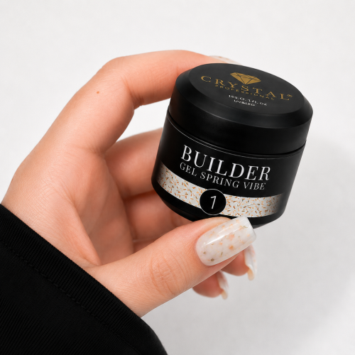 Crystal Professional Builder Gel Spring Vibe №1, żel z suszonymi kwiatami, HEMA FREE żel budujący, nude builder gel flower, romantyczny manicure żelowy, naturalne paznokcie nude, żel UV LED do przedłużania paznokci