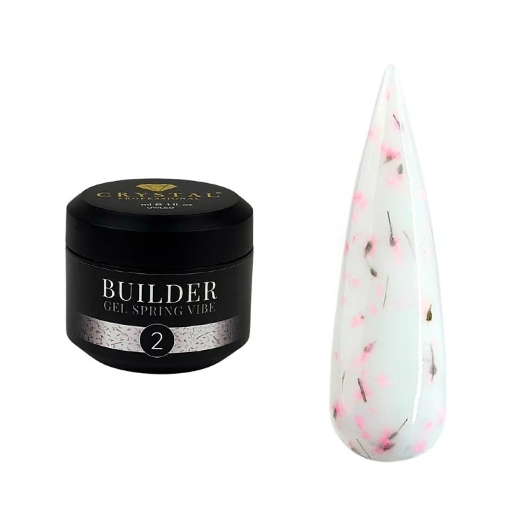 Crystal Professional Builder Gel Spring Vibe №2, żel z kwiatami, HEMA FREE żel budujący, nude flower gel, romantyczny manicure żelowy, naturalne paznokcie nude, żel UV LED do przedłużania paznokci