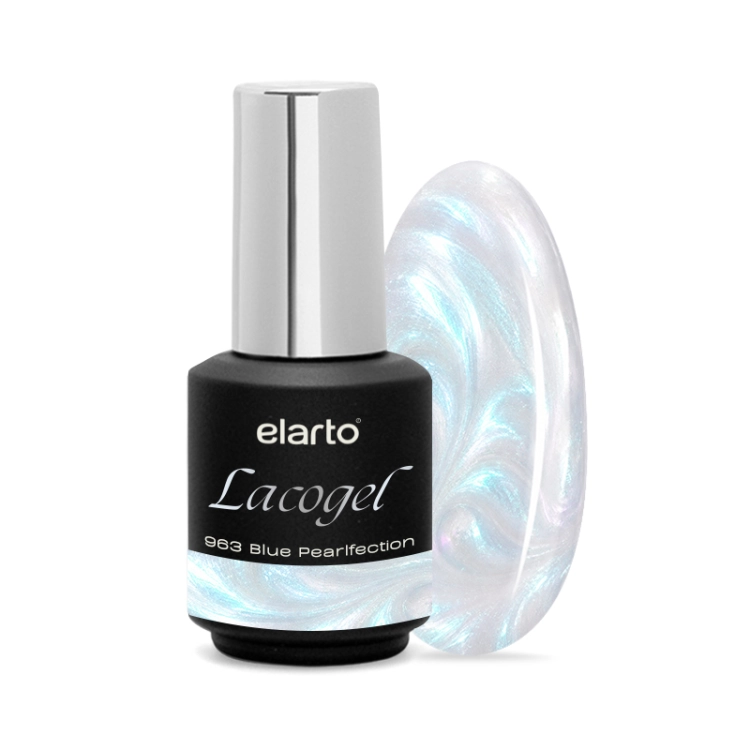 elarto lacogel blue pearlfection nr 963, niebieski lakier hybrydowy perłowy, opalizujący lakier hybrydowy, pearlfection elarto, lakier hybrydowy 7 ml, błękitna perła na paznokciach, lakier hybrydowy z efektem opalizacji