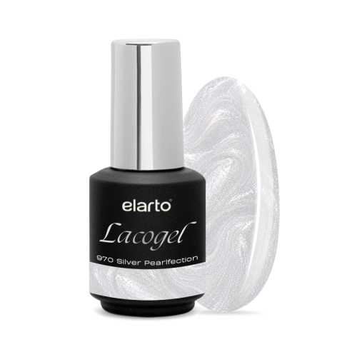 elarto lacogel silver pearlfection nr 970, srebrny lakier hybrydowy, perłowy lakier hybrydowy, pearlfection elarto, lakier opalizujący, srebrzysta opalizacja, manicure perłowy