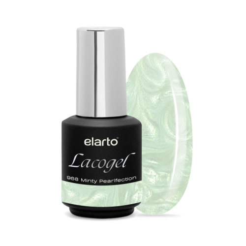 miętowy lakier hybrydowy z opalizacją, perłowy lakier hybrydowy Elarto, Lacogel Minty Pearlfection 968, zielony lakier hybrydowy PearlFECTION, opalizujący manicure hybrydowy