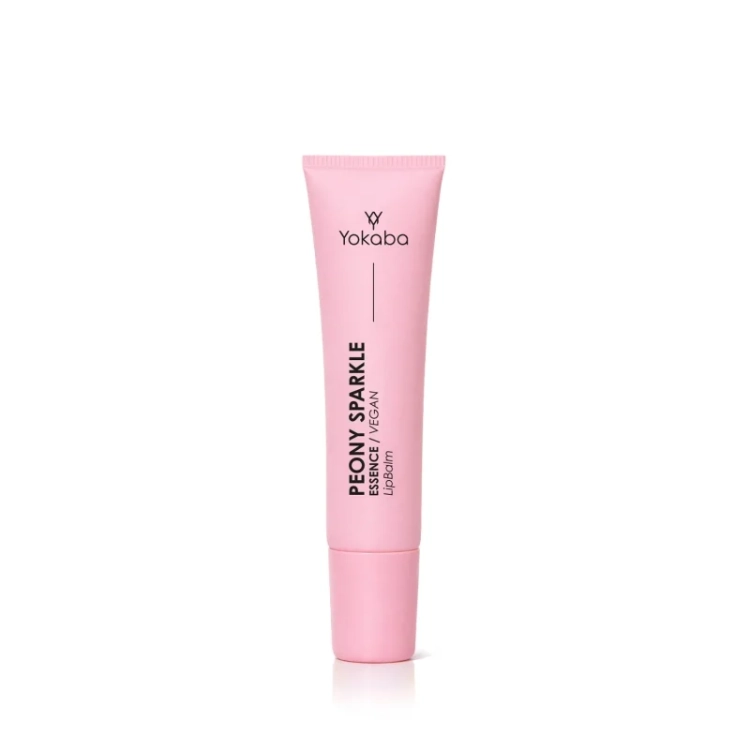 wegański balsam do ust Yokaba, Peony Sparkle Essence Vegan Lip Balm, balsam do ust z peonią, nawilżający balsam do ust 15 ml, balsam do ust z olejem awokado, balsam do ust z olejem migdałowym,