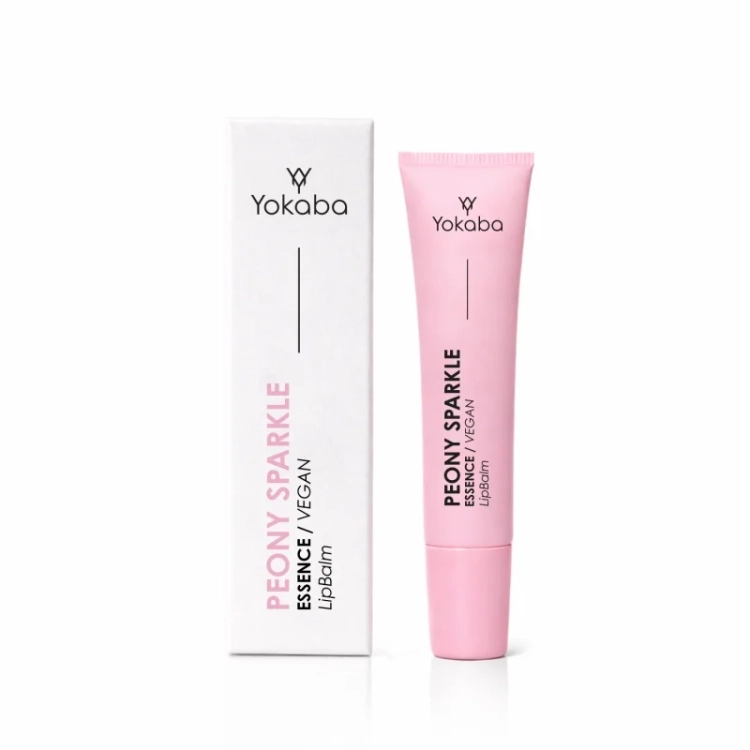 wegański balsam do ust Yokaba, Peony Sparkle Essence Vegan Lip Balm, balsam do ust z peonią, nawilżający balsam do ust 15 ml, balsam do ust z olejem awokado, balsam do ust z olejem migdałowym,