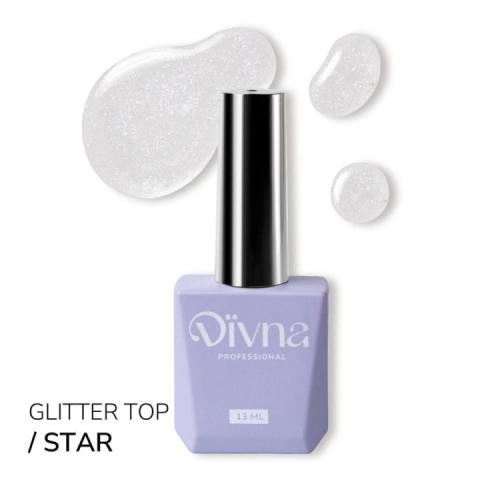 DIVNA Top Star 13 ml, top hybrydowy z efektem, top z holograficznymi drobinkami, bezdyspersyjny top do paznokci, błyszczący top hybrydowy, top do stylizacji salonowych, efekt gwiezdnego pyłu na paznokciach.