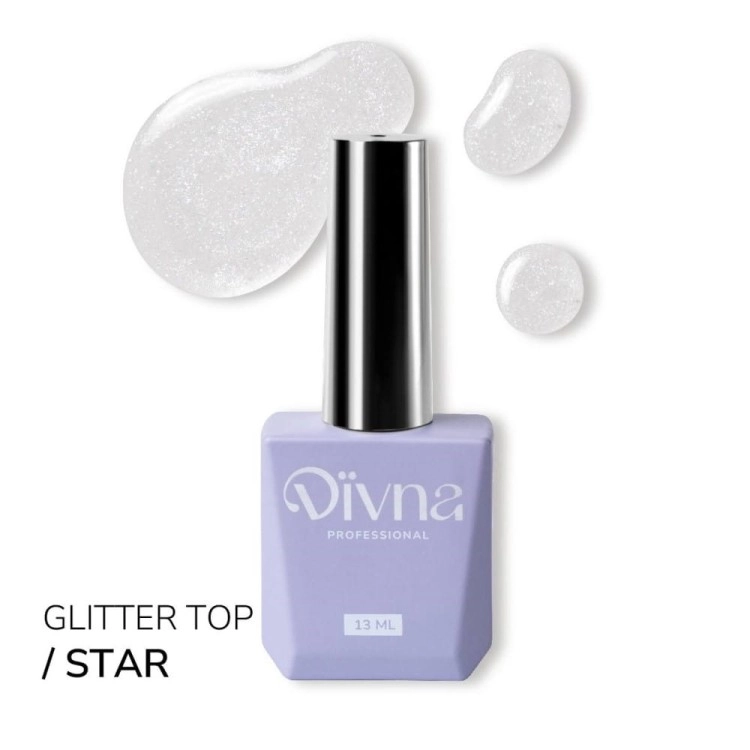 DIVNA Top Star 13 ml, top hybrydowy z efektem, top z holograficznymi drobinkami, bezdyspersyjny top do paznokci, błyszczący top hybrydowy, top do stylizacji salonowych, efekt gwiezdnego pyłu na paznokciach.