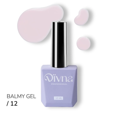 DIVNA Balmy Gel 12 13 ml, żel wzmacniający do paznokci, żel o konsystencji bazy, mleczny róż żel do paznokci, Balmy Gel DIVNA, samopoziomujący żel do naturalnej płytki, HEMA TPO FREE żel, żel w butelce do wzmacniania paznokci.