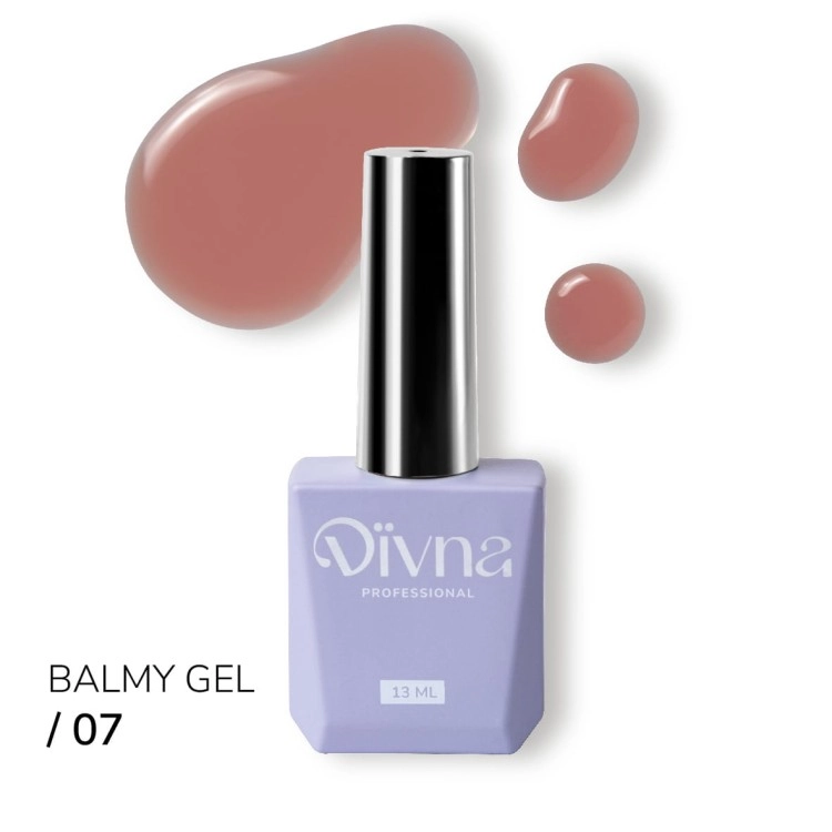 DIVNA Balmy Gel 07 13 ml, żel wzmacniający w butelce, samopoziomujący żel do paznokci, żel o konsystencji Rubber Base, HEMA TPO FREE, żel do naturalnej płytki paznokcia, profesjonalny żel wzmacniający DIVNA, Balmy Gel do manicure salonowego.