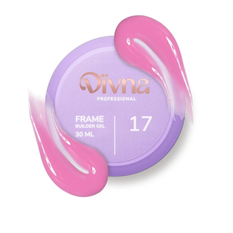 DIVNA Frame Builder Gel 17 30 g, różowy żel budujący, żel budujący z brokatem, samopoziomujący żel do paznokci, żel do przedłużania paznokci, profesjonalny żel budujący DIVNA, żel z folią do paznokci, wyrazisty róż na paznokcie.