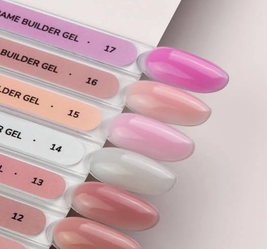 DIVNA Frame Builder Gel 17 15 g, różowy żel budujący, żel z brokatem do paznokci, samopoziomujący żel budujący, żel do przedłużania paznokci, profesjonalny żel DIVNA, żel z folią do stylizacji paznokci, wyrazisty róż na paznokcie.