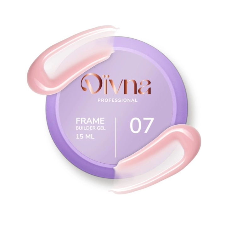 DIVNA Frame Builder Gel 07 15 g, pastelowy różowy żel budujący, żel budujący z brokatem, samopoziomujący żel do paznokci, żel do przedłużania paznokci, profesjonalny żel DIVNA, różowy żel z folią, delikatny róż na paznokcie.