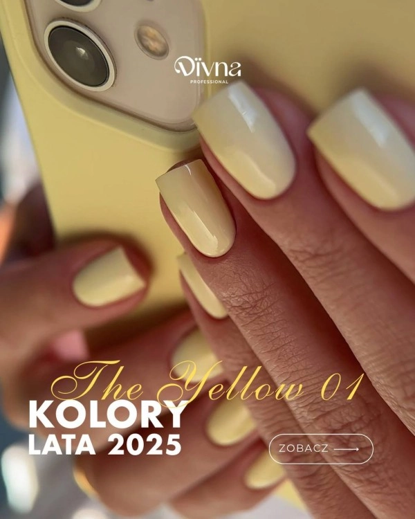 DIVNA The Yellow 01 7 ml, Summer Sorbet 2025, żółty lakier hybrydowy DIVNA, profesjonalny lakier hybrydowy, HEMA FREE, lakier hybrydowy UV LED, trwały manicure hybrydowy, lakier hybrydowy 7 ml.