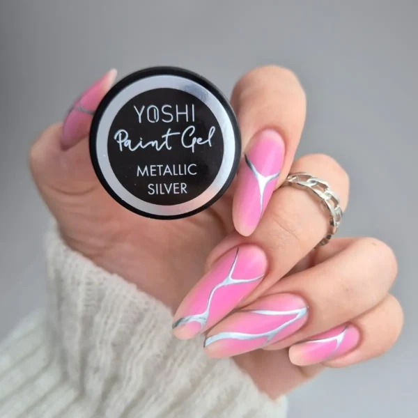 Paint Gel Yoshi Metallic Silver, srebrny paint gel, metaliczny żel do zdobień, żel UV LED do Nail Art, efekt mirror na paznokciach, żel do cienkich linii, profesjonalny paint gel Yoshi, metaliczne zdobienia paznokci
