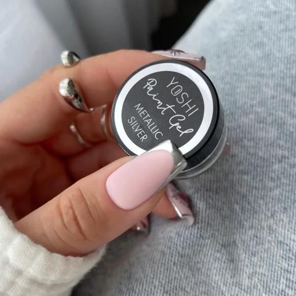 Paint Gel Yoshi Metallic Silver, srebrny paint gel, metaliczny żel do zdobień, żel UV LED do Nail Art, efekt mirror na paznokciach, żel do cienkich linii, profesjonalny paint gel Yoshi, metaliczne zdobienia paznokci