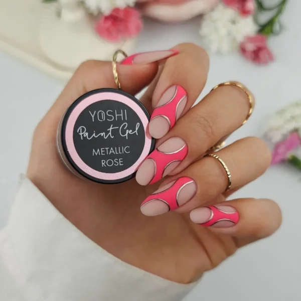 Paint Gel Yoshi Metallic Rose, metaliczny róż do zdobień, różowy paint gel, żel UV LED do Nail Art, metaliczny żel do paznokci, efekt mirror, żel do cienkich linii, profesjonalny paint gel Yoshi, różowe zdobienia paznokci, metaliczny róż na paznokciach.