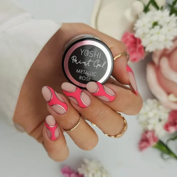 Paint Gel Yoshi Metallic Rose, metaliczny róż do zdobień, różowy paint gel, żel UV LED do Nail Art, metaliczny żel do paznokci, efekt mirror, żel do cienkich linii, profesjonalny paint gel Yoshi, różowe zdobienia paznokci, metaliczny róż na paznokciach.