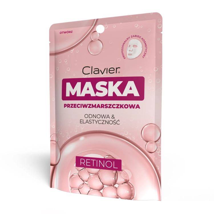 Maska do twarzy w płacie Clavier z retinolem 25 ml to przeciwzmarszczkowa maseczka do pielęgnacji skóry, która wspiera produkcję kolagenu, delikatnie złuszcza naskórek