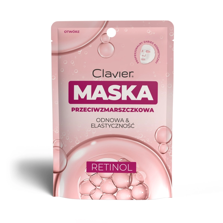 Maska do twarzy w płacie Clavier z retinolem 25 ml to przeciwzmarszczkowa maseczka do pielęgnacji skóry, która wspiera produkcję kolagenu, delikatnie złuszcza naskórek