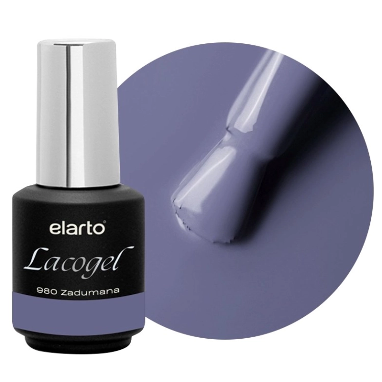 Elarto Lakier hybrydowy Lacogel 980 Zadumana 7ml — butelka i kolor